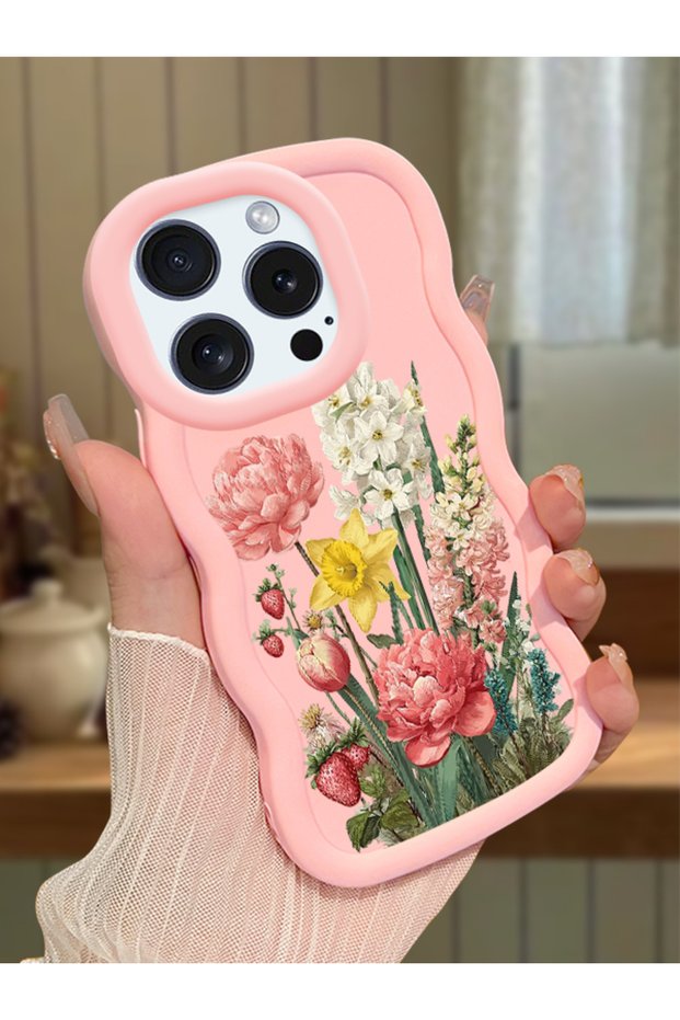 iPhone 15 Pro Max Compatible Case with Camera Protection Pink Silicone Couple Phone Case with Floral Pattern