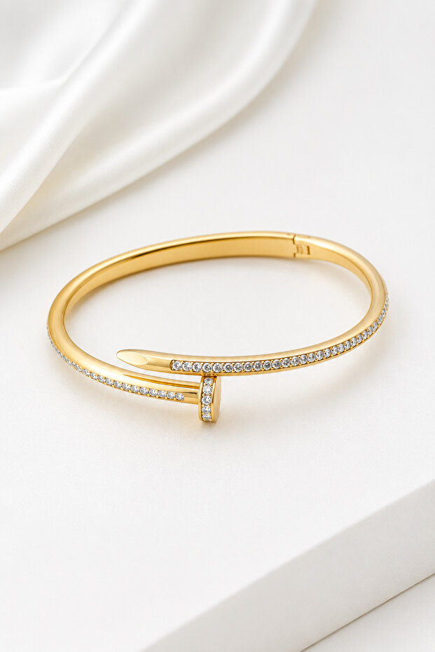 Nail Éclat Gold Bangle – Gold Bracelet with Stone Nail Design for Women