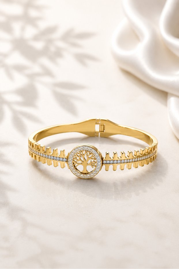 Arbora Gold Bangle – Premium Gold Cuff Bracelet with Tree of Life Detail