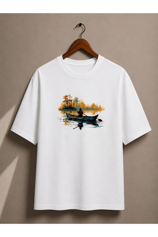 Silent Voyage Premium Unisex White Printed T-Shirt | Sunset Kayak Design