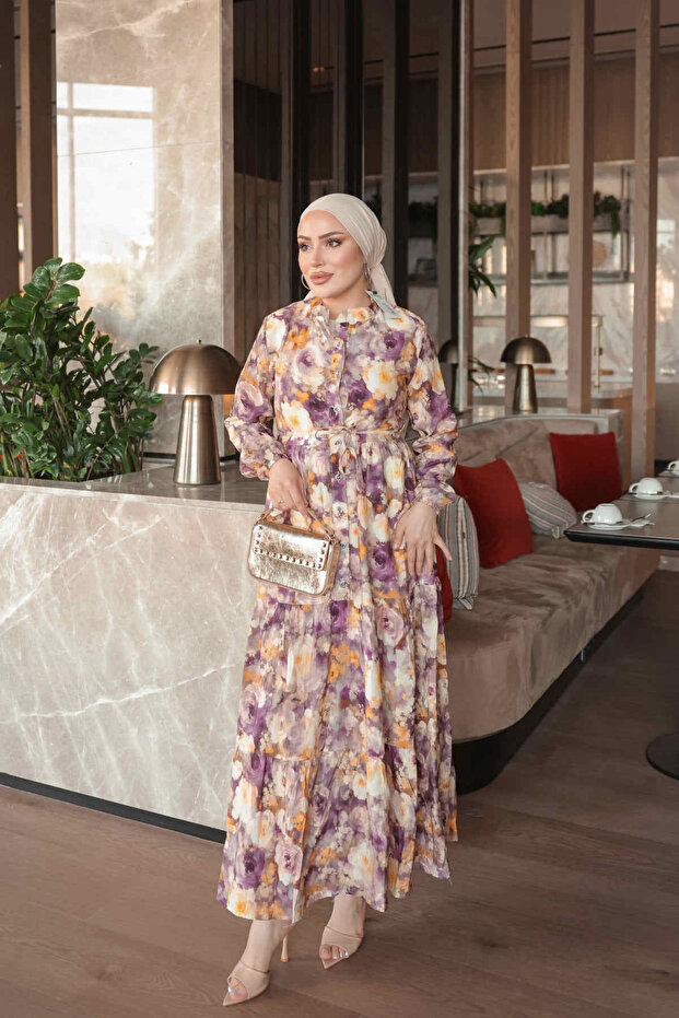 Purple Half-Buttoned Layered Dress with Elastic Sleeves