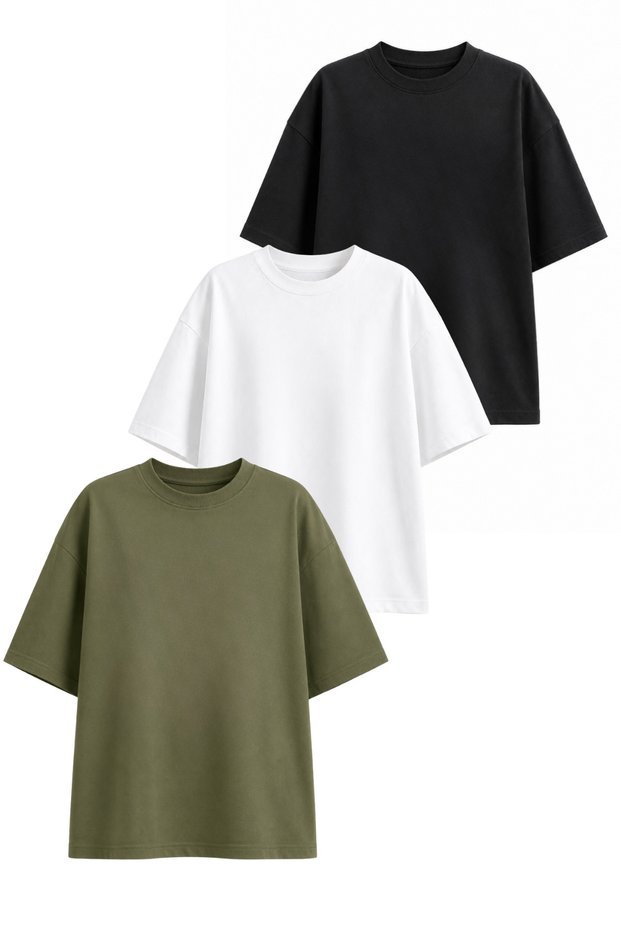 Women's Oversize Lycra Crew Neck T-Shirt Set of 3 (95% Cotton) (White, Black, Green)
