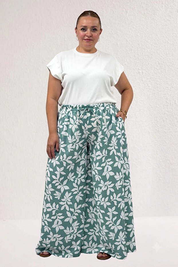 69010 Plus Size Mango Trouser Skirt with Elastic Waist - Leaf Pattern Nefti