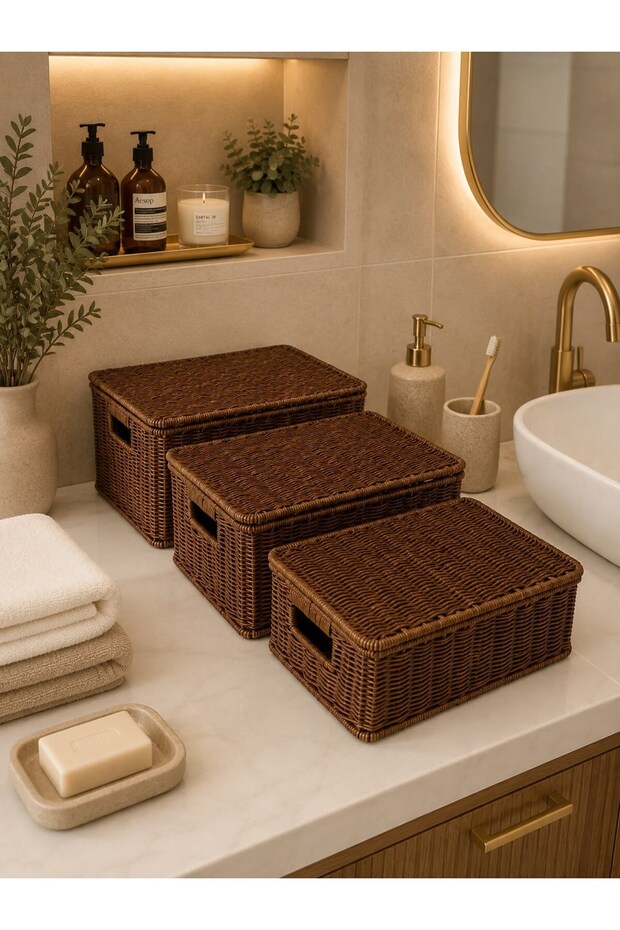 3-Piece Covered Letta Organizer Multi-Purpose Wicker Rattan Basket Svr-Bj71490