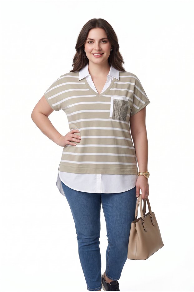 Women's Striped V-Neck Short Sleeve Pocketed Comfortable Fit T-Shirt 20Y331900224