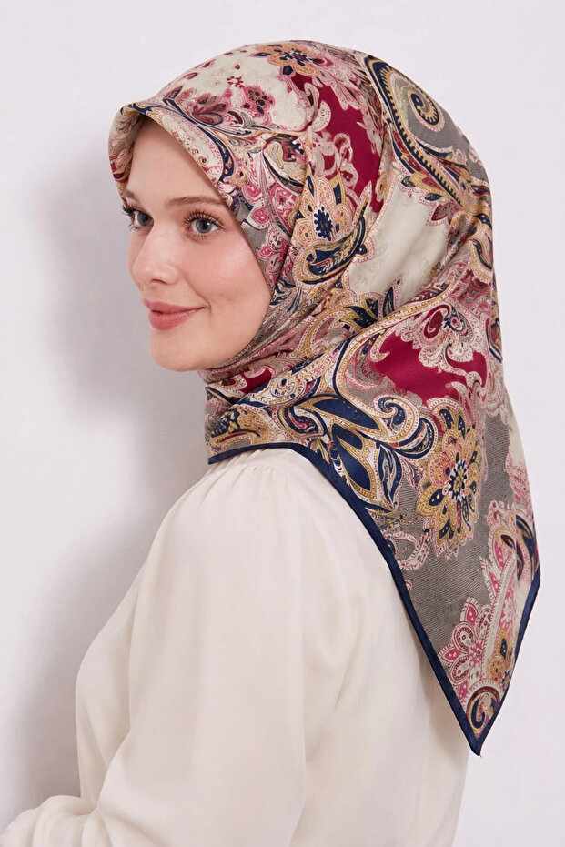 Patterned Cotton Silk Scarf Ls2203 02-Ecru-Navy Blue-Powder