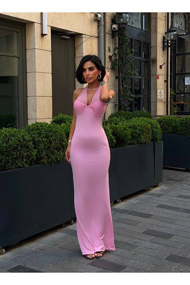 Women's Pink Halter Neck Back Slit Maxi Dress Dcf287