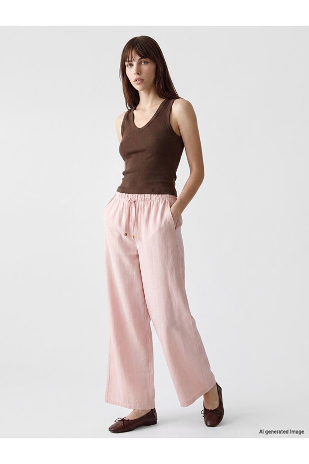 Özmarka New Season Pink Wide Leg Women's Trousers with Elastic Waist