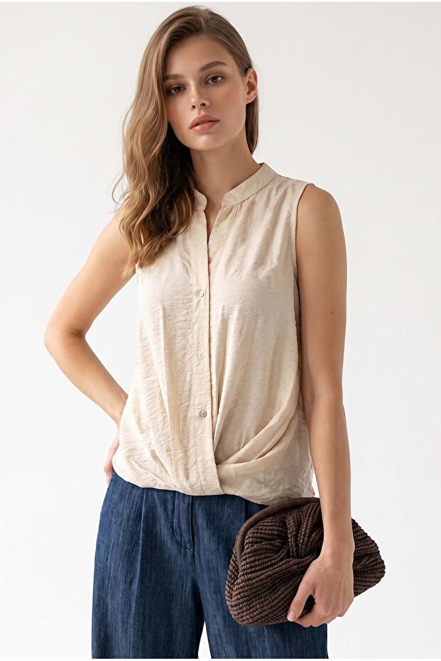 2184 Women's Tencel High Collar Sleeveless Buttoned Blouse Beige