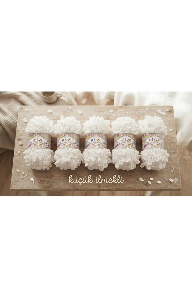 Pack of 5 Small Looped Puffy Fine Hand Knitting Yarns No. 55 White
