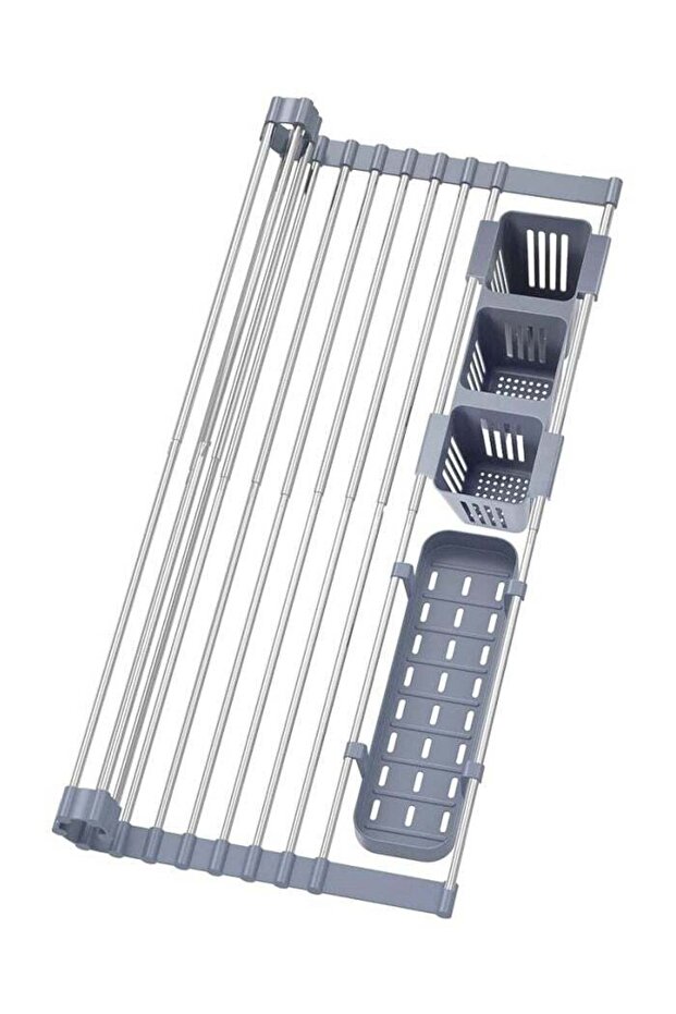 Expandable Roll Up Dish Drying Rack Up to 22.8''with 2 Storage Baskets,Over The Sink Kitchen Rolling up Dish Drainer Drying Rack, Foldable,Rollable,for Kitchen Dishes(Expandable Width Size)