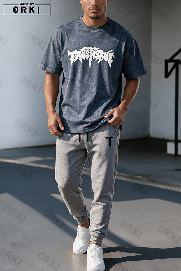 Trust Issue Printed Oversize T-Shirt & Gray Pants Tracksuit Set