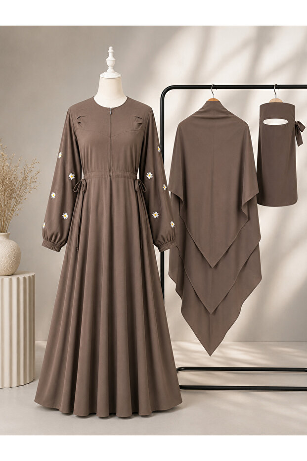 Jasmine Embroidered 3-Piece Hijab Set Medina Silk Fabric Ferace Shawl and Veil