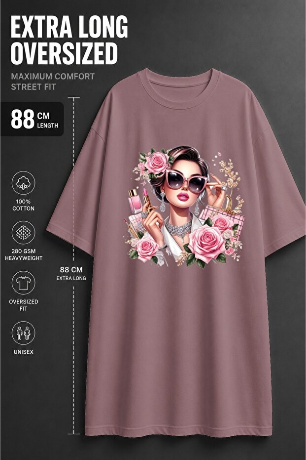 Women's Extra Long Oversize Women's Figured Rose Printed Tunic T-Shirt