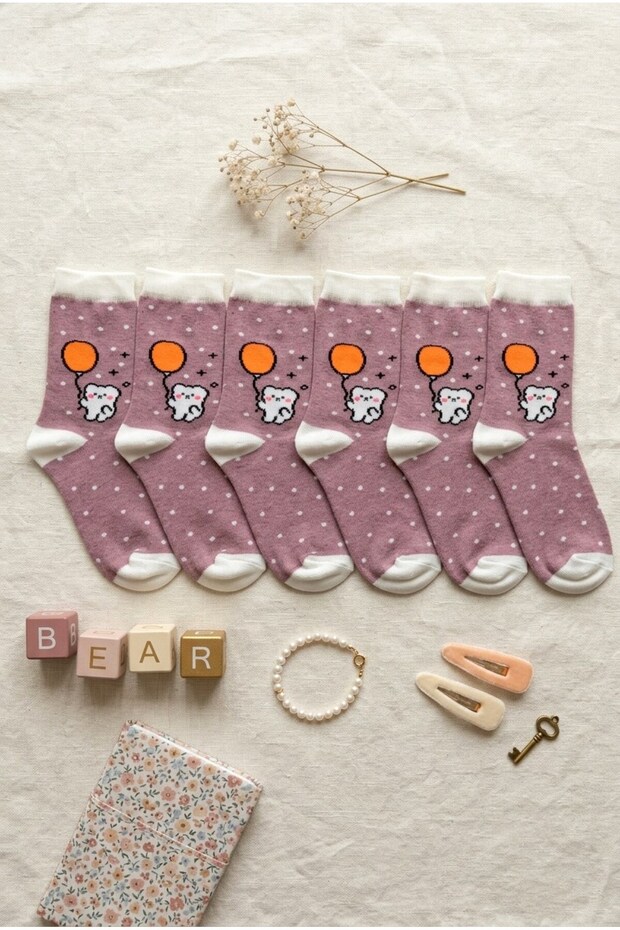 Girl's 6-Piece Set of Dried Rose, Polka Dot and Teddy Bear Patterned Socks for 11-12 Years Old