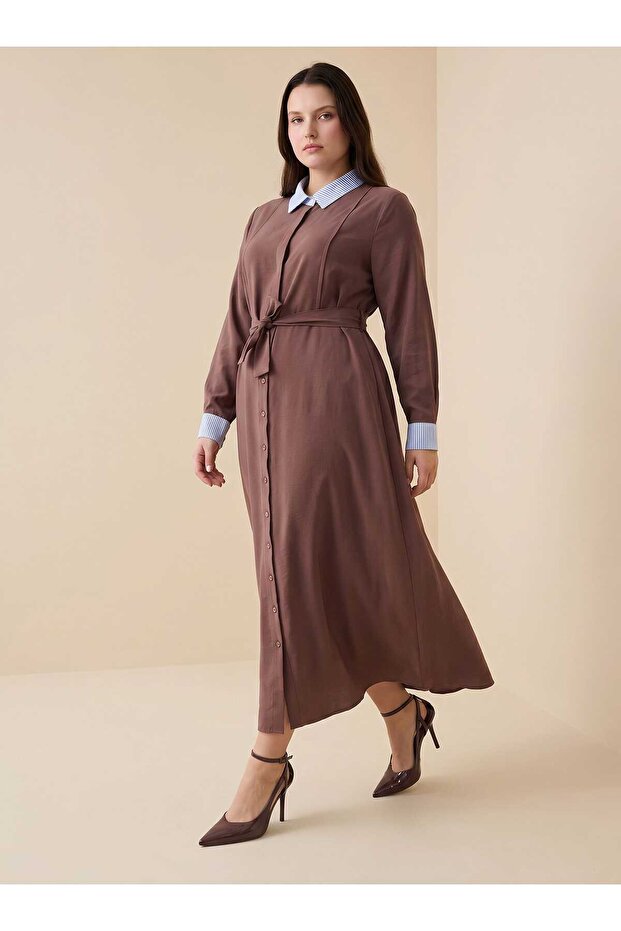 Plus Size Modal Dress with Collar and Sleeve Details - Red Brown -