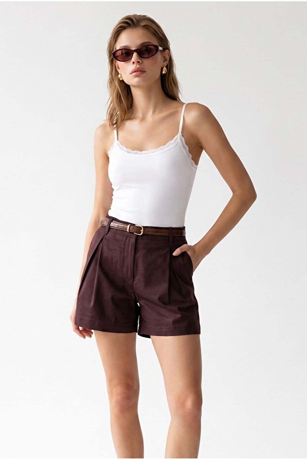 2187 Women's High Waist Belted Pleated Shorts with Pockets, Plum