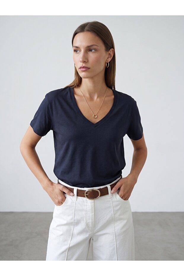 32847 Lyocell Blended V-Neck T-Shirt-Dark Blue