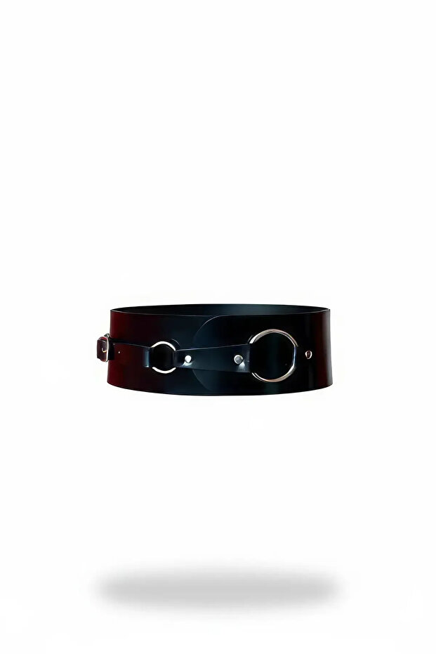 Black Faux Leather Belt with Wide Ring Detail