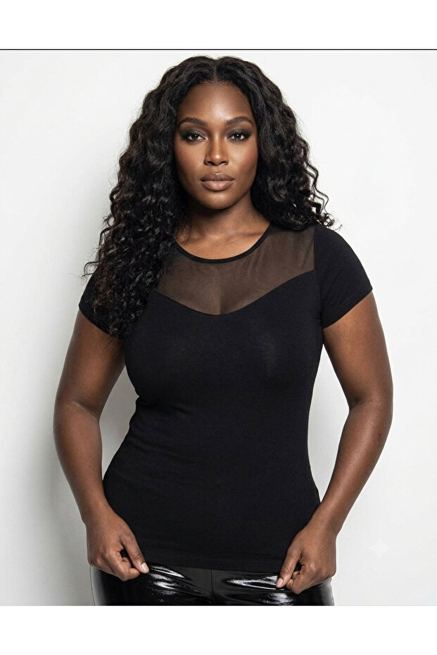Black Viscose Plus Size Tulle Detailed Comfortable Fit Soft Fabric Oversized Tshirt