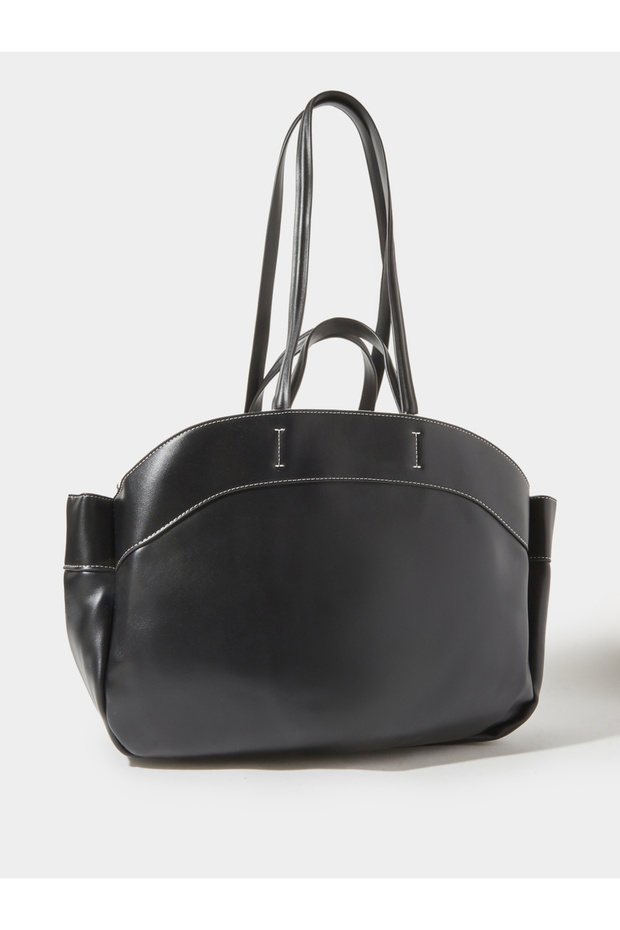 Black Faux Leather Contrast Stitching Structured Tote Bag