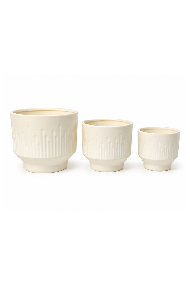 3-Piece Ceramic Flower Pot Set with Textured Design Decorative Indoor & Outdoor Planters for Succulents, Cactus, Herbs & Small Plants White