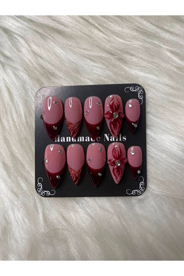 Handmade Press-On Nails Set - Deep Red French Tip & 3D Flower Accent Almond Custom Gel Nails