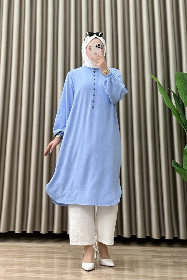 Saadet Tunic Ayrobin Fabric Women's Baby Blue Collar Openable Buttoned Elastic Sleeves Comfortable Cut Tunic