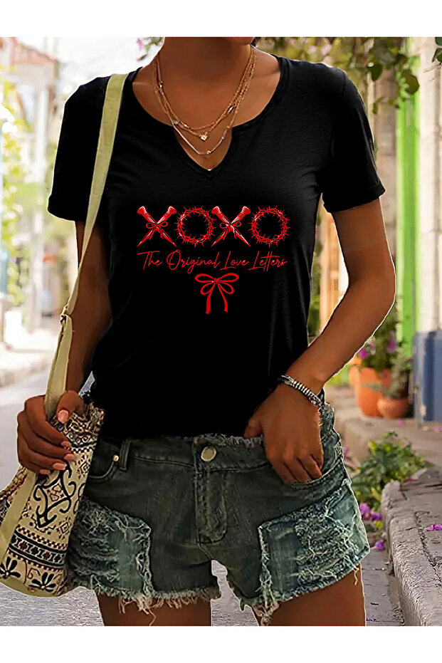 Women's Xoxo Printed Half V-Neck Sleeves Regular Fit Casual T-Shirt