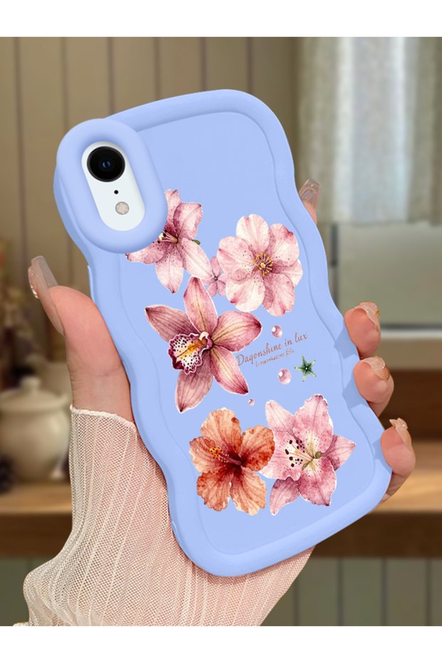 iPhone Xr Compatible Case Camera Protector Blue Silicone Couple Phone Case Floral Pattern
