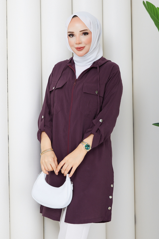 Women's Side Button Detailed Zipper Closure Cap