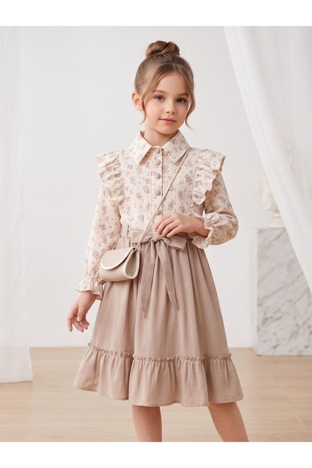 Shoulder Ruffle Belted Waist Girls' Dress with Bag
