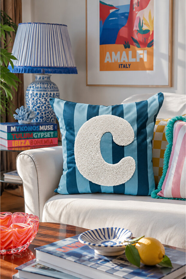 Punch Embroidered Throw Pillow Cover - 43*43 cm - Blue Letter C - Pnk001