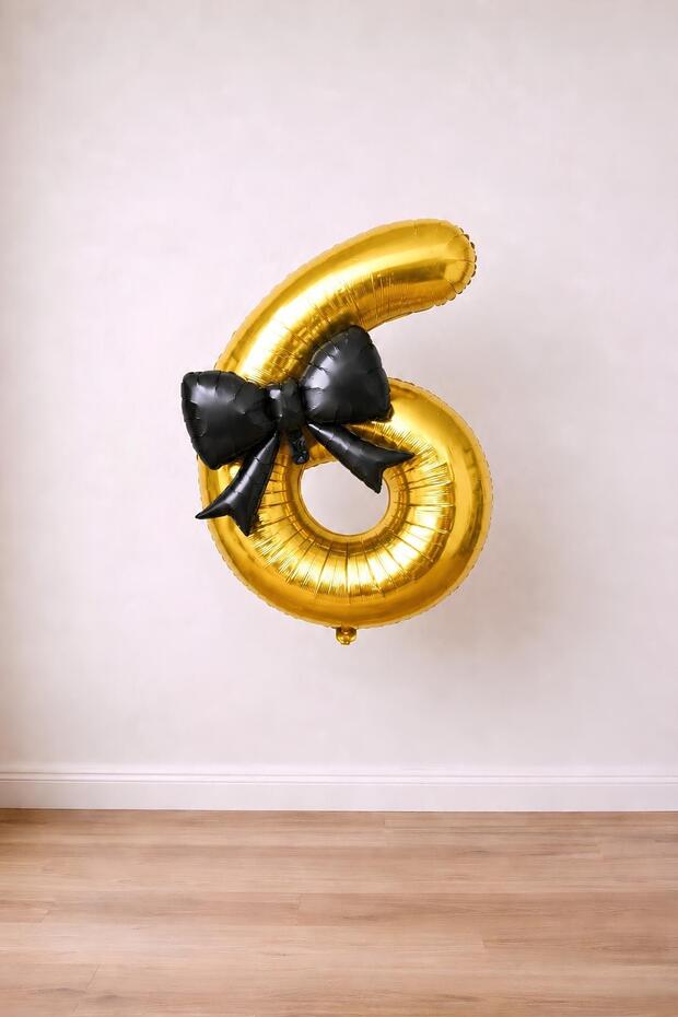 Black Bow & Gold 6 Number Foil Balloon Set
