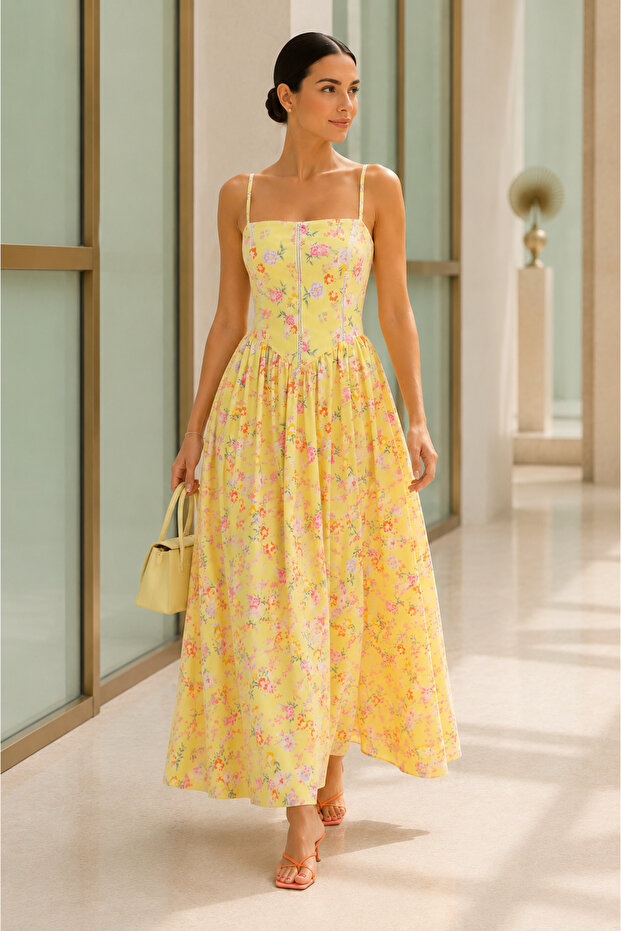 Yellow Bloom Floral Patterned Corseted Strappy Maxi Dress