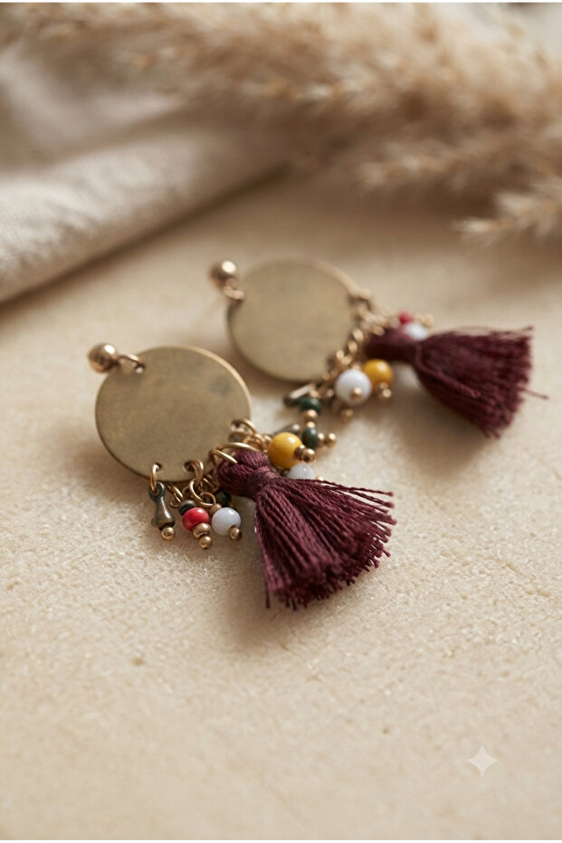 Handmade Brass Metal and Tassel, Bead Detailed Authentic Earrings