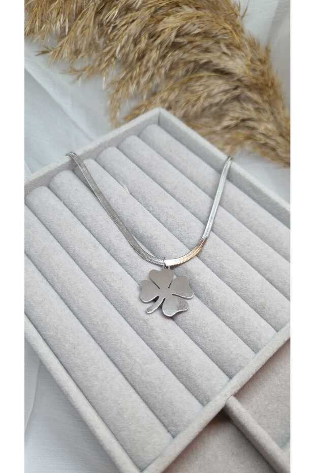 Women's Silver Color Four-Leaf Clover Figured Crushed Italian Chain Steel Necklace - Luck Necklace