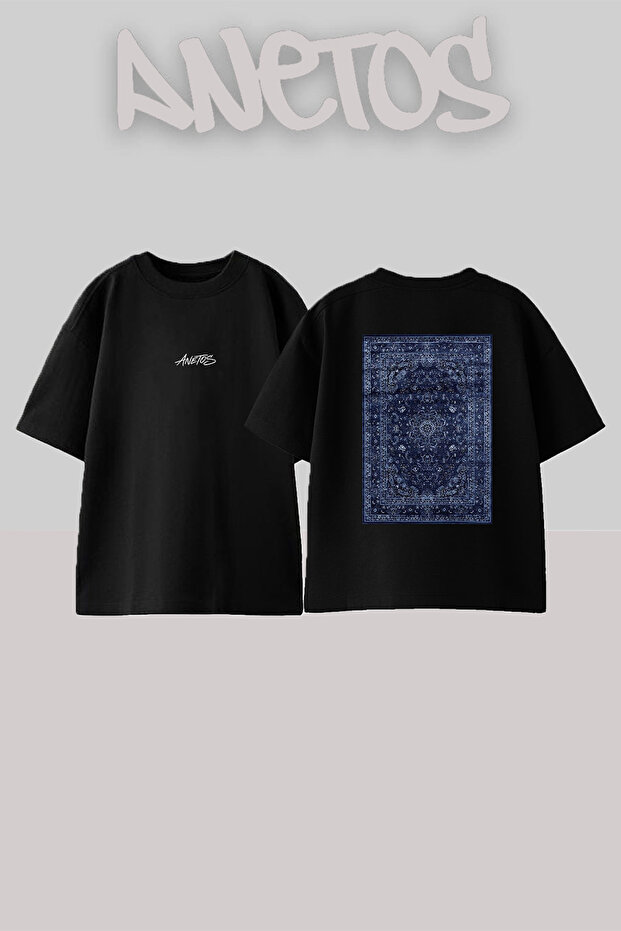 Pers Hali_7 Design Back Printed Cotton Black Oversize T-Shirt