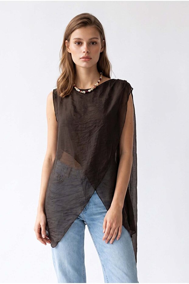 2205 Women's Transparent Double-Breasted Cape Blouse Brown