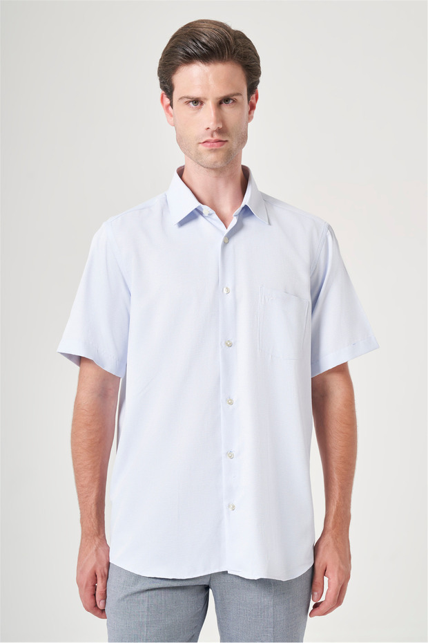 Blue Hard Collar Short Sleeve Pocket Comfort Fit Cotton Shirt 1004260189