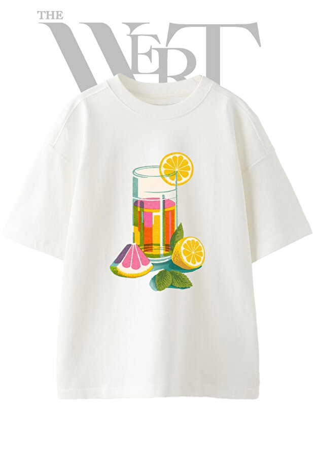 Citrus Drink Design Printed Unisex White Oversize T-Shirt
