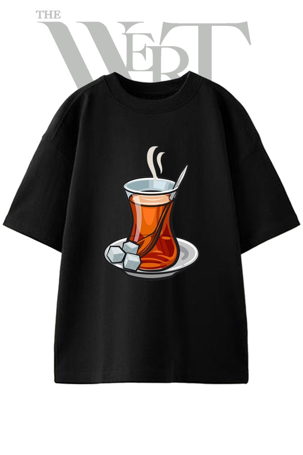 Turk Cayi Design Printed Unisex Black Oversize T-Shirt