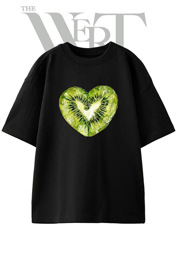 Kiwi Heart Design Printed Unisex Black Oversize T-Shirt