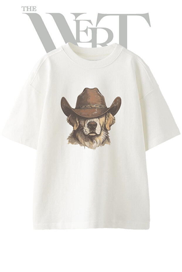 Cowboy Dog Design Printed Unisex White Oversize T-Shirt