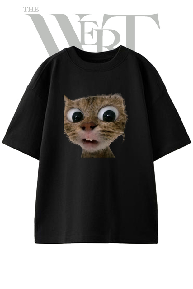 Surprised Cat Design Printed Unisex Black Oversize T-Shirt
