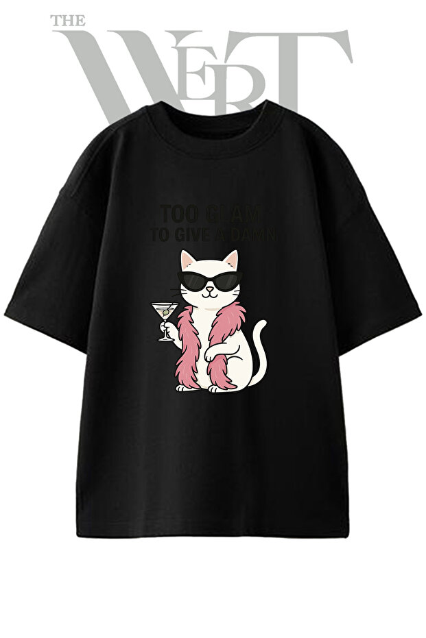 Glam Cat Design Printed Unisex Black Oversize T-Shirt