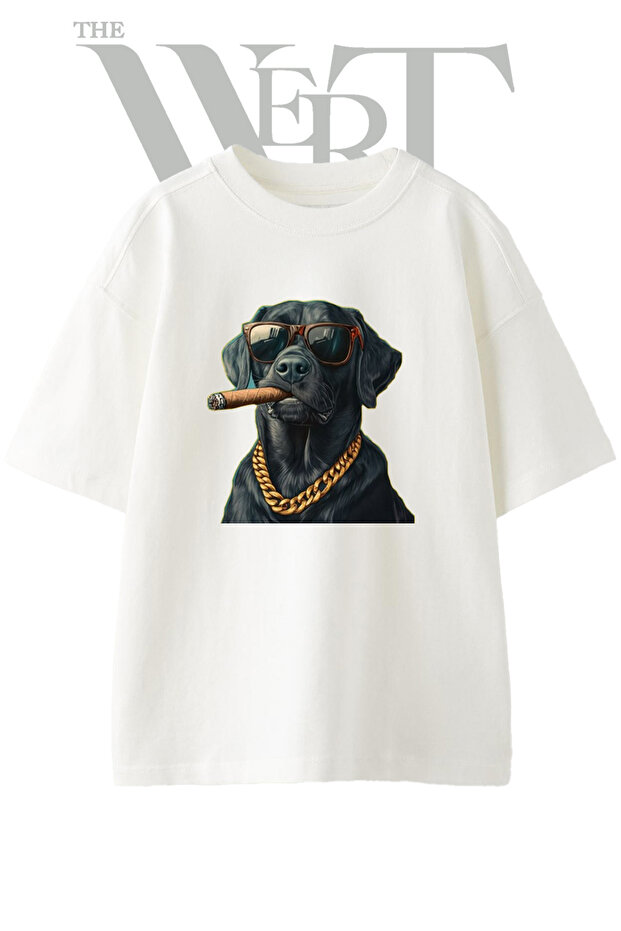 تي شيرت أبيض كبير الحجم مطبوع بتصميم Gangster Labrador للجنسين