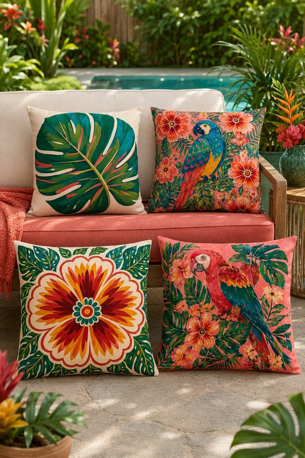 Botanical Parrot Patterned 4-Piece Throw Pillow Cover Set