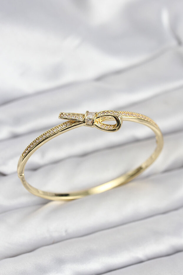 Brass Gold Color Zircon Stone Bow Model Women's Handcuff Bracelet