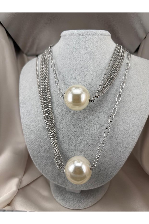 Women's Gold Color Multi-Layered Chain Big Pearl Detailed Statement Necklace Stylish Design Neck Chain